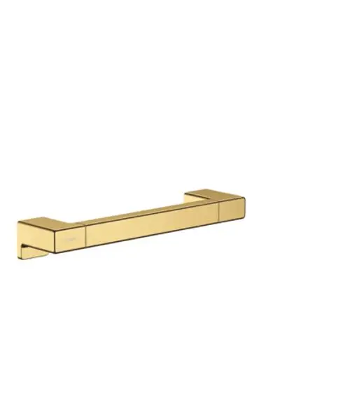 Halterung in glänzendem Gold, rechteckige Form mit klaren Kanten. Das Produkt gehört zur Marke Hansgrohe und ist für die Montage an Wänden konzipiert.